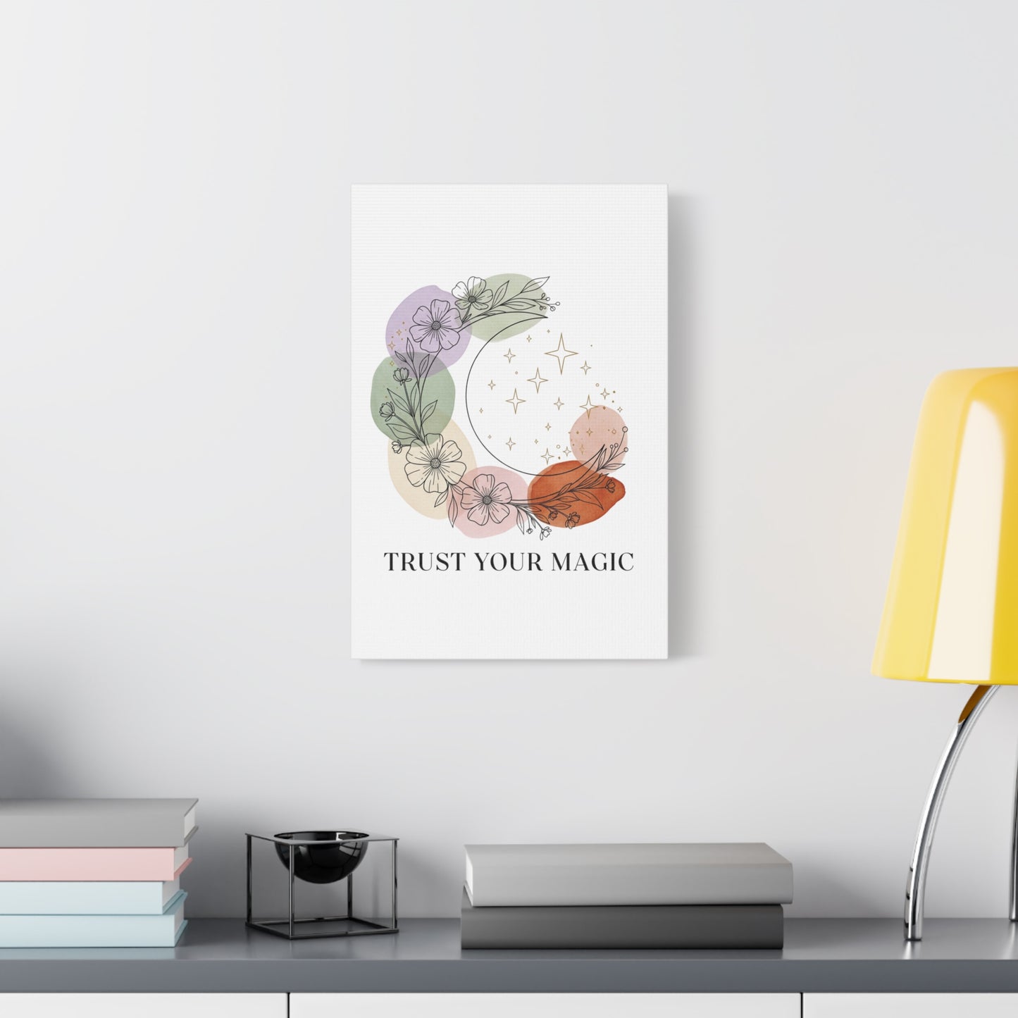 Floral Moon Canvas Art, Boho Wall Decor, Aesthetic Home Decoration, Gift for Nature Lovers, Cozy Bedroom Art
